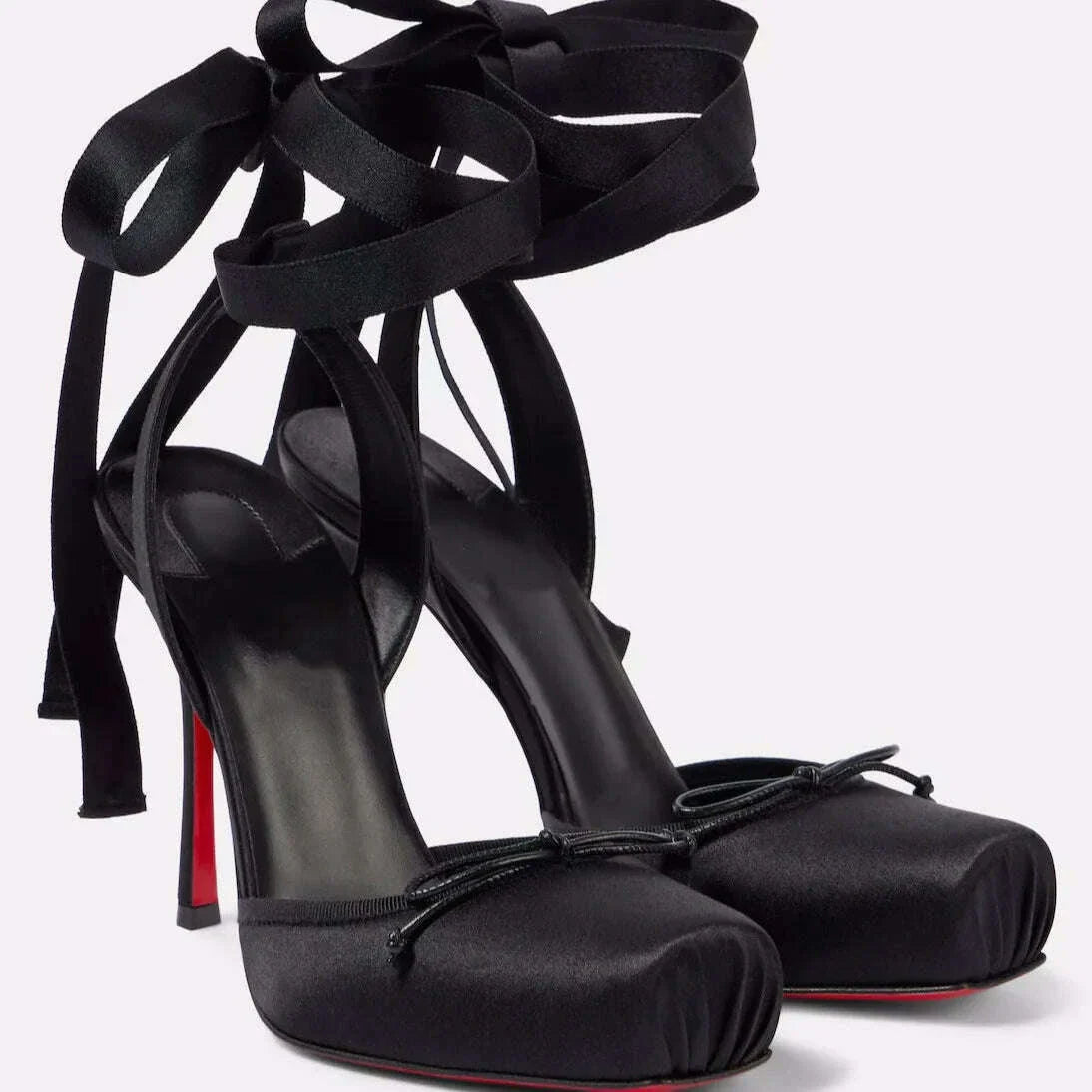 Balck Stain Lace Up Ballet Shoes Girl Pink Square Toe Bow Tie Stiletto Heel Ankle Strap Slingback Elegant Summer Sexy Pumps