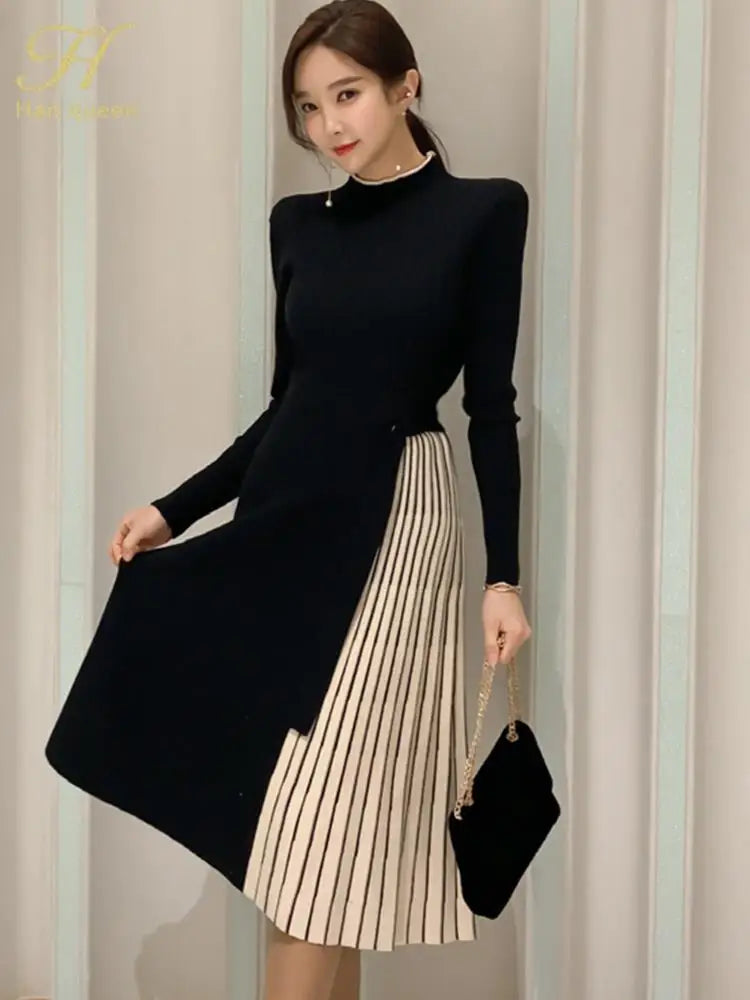 H Han Queen New Winter Elastic Knitted Dresses Women Color matching Lace-up Sweater Dress Fashion Slim Work Office Vestidos - Kimlud