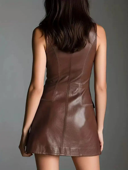 Women's Sleeveless Leather V Neck Mini Dress Zipper Front Bodycon Dress With Pockets