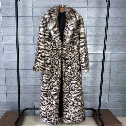 DEAT 2025 Winter Thick Leopard Print Faux Fox Fur Coat For Women Contrast Color High Quality Suit Collar Overcoat 11A06743