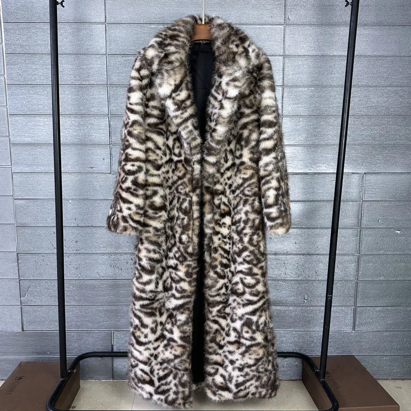DEAT 2025 Winter Thick Leopard Print Faux Fox Fur Coat For Women Contrast Color High Quality Suit Collar Overcoat 11A06743