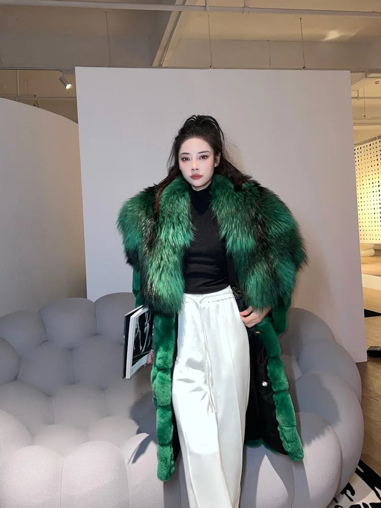 2023 New Winter Women Real Rex Rabbit Fur Coat Long Luxury Jacket with Super Large Raccoon Fur Collar Ladies Fashion Overcoat