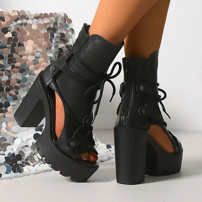 Women's Platform High Heel Ankle Boots Open Toe Lace Up Sandals Textured Finish Chunky Block Heel Zipper Closure Fashion...
