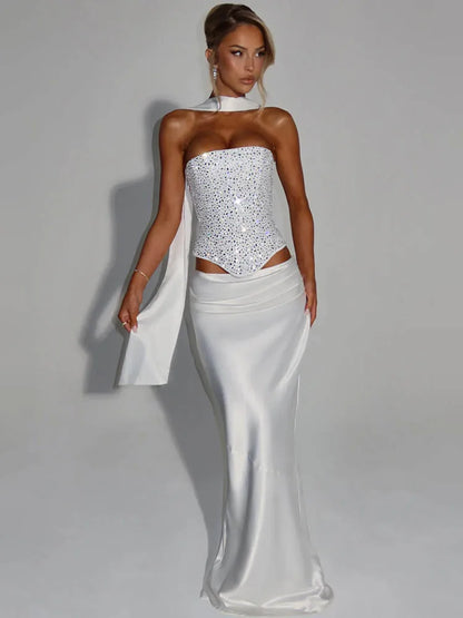 Mozision Sequins Sexy Dress Set Women Sparkle Scarf Collar Crop Tops And Maxi Skirt Elegant Club Party Satin Skirt Matching Set