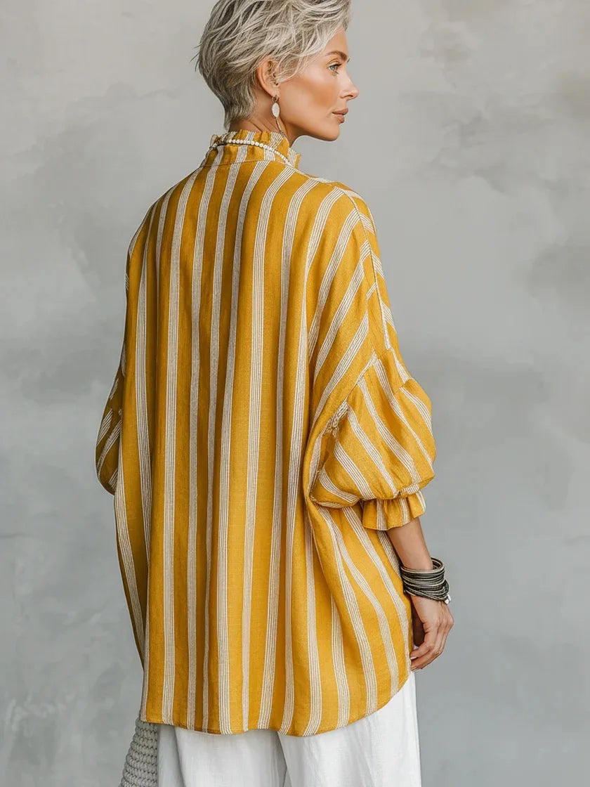 Women Stripes Print Blouse Autumn Casual Stand Collar Long Sleeve Top Simple Lady Blouses Streetwear Loose Harajuku...
