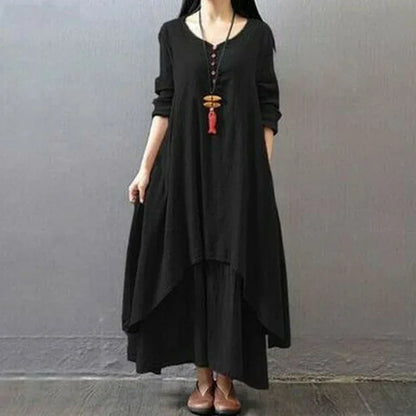 Women's Dress Long Dress Fashion Fake Two Pieces Loose Long Sleeve Art Big Swing Cotton Hemp Bohemian Cotton Vintage Women Dress - Kimlud