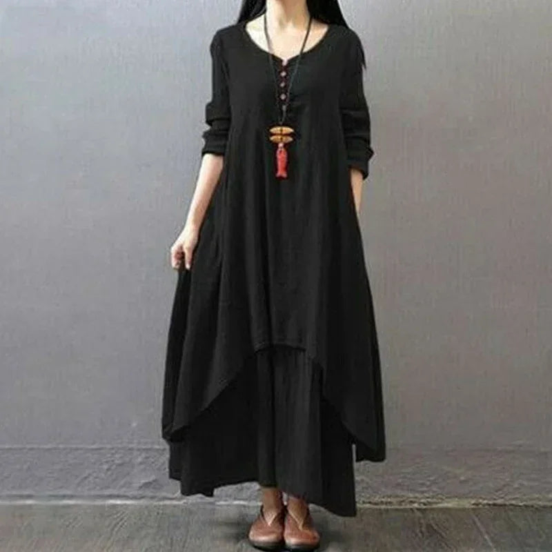 Women's Dress Long Dress Fashion Fake Two Pieces Loose Long Sleeve Art Big Swing Cotton Hemp Bohemian Cotton Vintage Women Dress - Kimlud