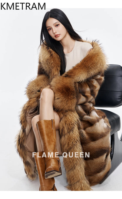 KMETRAM Natural Muskrat Fur Coat Woman Luxury Long Real Fur Jacket Raccoon Dog Fur Collar Winter Coats Women Clothing 2025 шуба