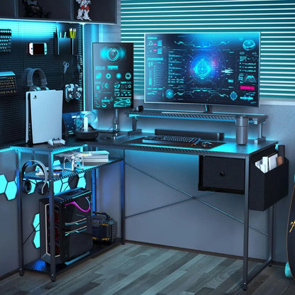 L Shaped Gaming Desk,63 Inch Computer Desk with Adjustable Stand & RGB Lights,Corner Desk for Power Outlet, Carbon Fiber Texture
