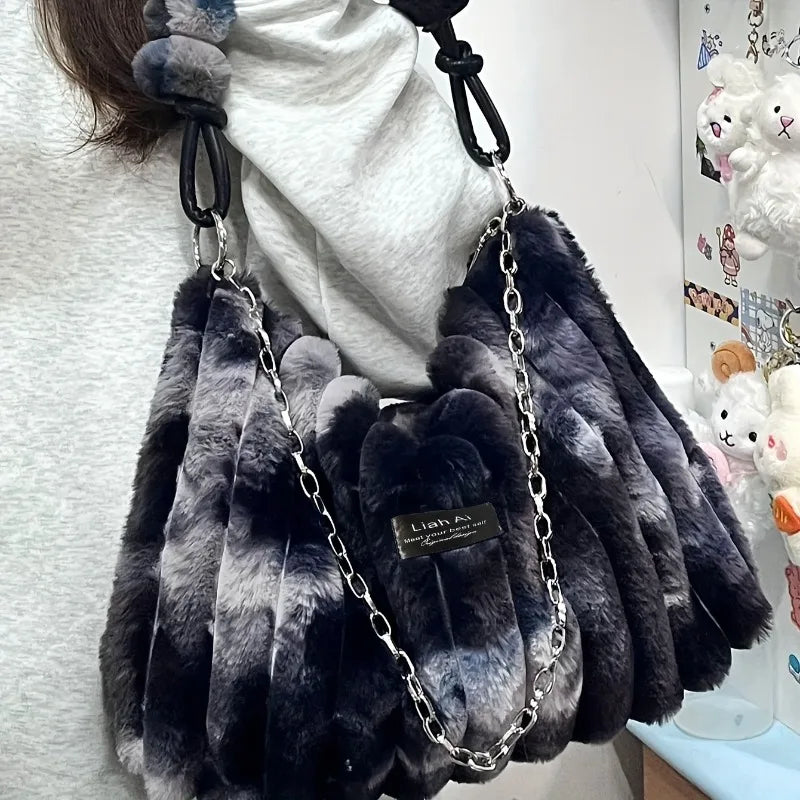 Women's Large Plush Tote Bag with Crossbody/Handheld Carry Soft Striped Plush Exterior Cozy Handbag for, Travel, Everyday Use