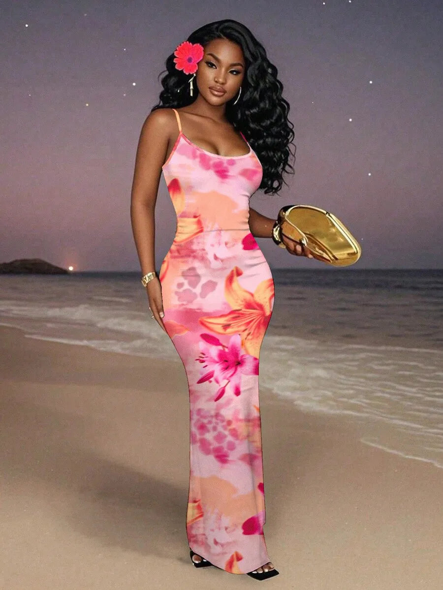 Womens Floral Print Elegant Waist Cinched Long Strap Dress For Party,Summer Dresses For Women