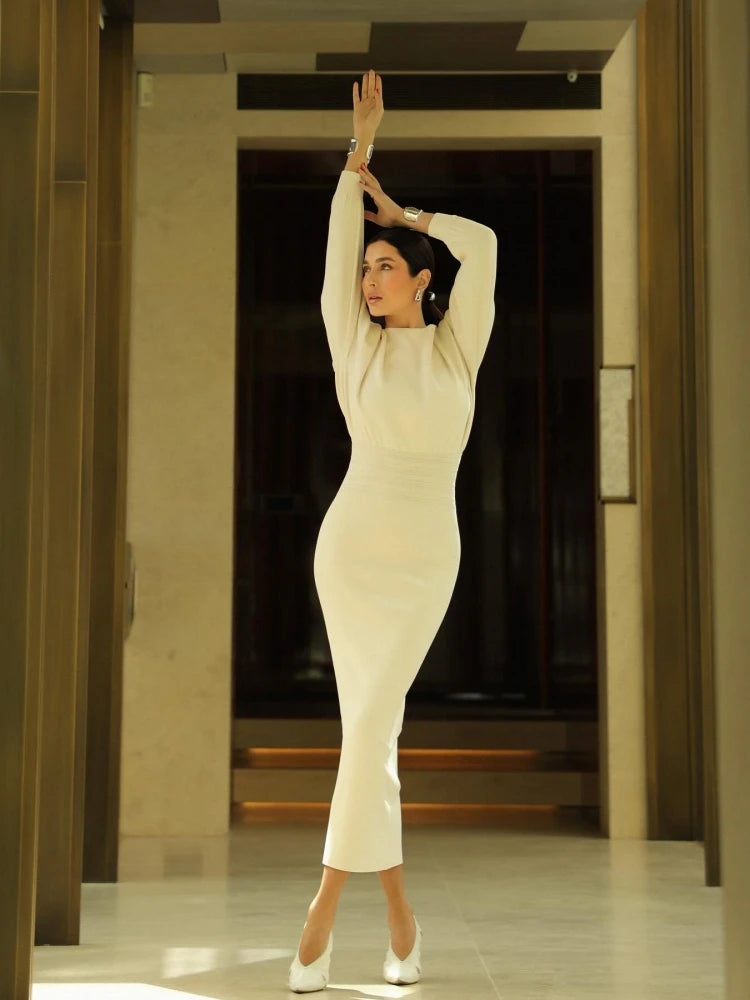 Sexy O Neck Long Sleeve Patchwork Maxi Bandage Dress Women White Winter Bodycon Long Runway Evening Club Party Dresses...