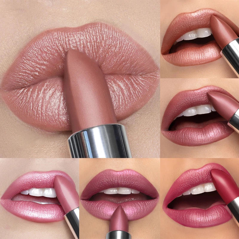 Nude Pink Pearlescent Glitter Matte Lipstick Metallic Waterproof Long Lasting Rose Pink Shimmer Diamond Lipstick Makeup Cosmetic - Kimlud