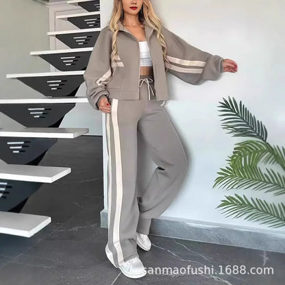 Y2K Striped Zipper Coat+sweatpants Two Piece Set Women Casual Batwing Sleeve Sports Outfits Autumn Winter Sweatshirt Suit