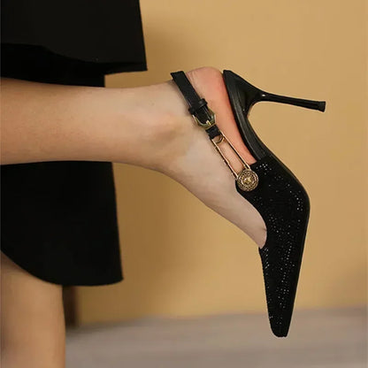 Luxury Rhinestones Sexy High Heels Women Pointed Toe Sandal Elegant Ladies Metal Buckle Fashion Design Banquet Dress Shoes Pumps