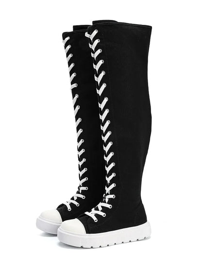 Plus Size Women's Canvas Boots Spring Autumn High Top Side Zipper Simple Long Tube over Knee Shoes Flat Heel Adult Footwear