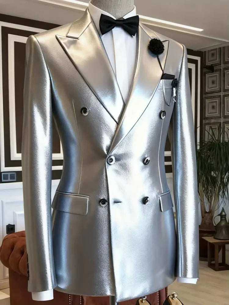 Men's Business Casual Blazer Double Breasted Silver Metallic Peak Lapel Slim Fit Formal Tuxedo Wedding Party Stage...
