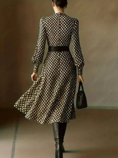 Spring and summer new style lapel print women's long sleeved dress diamond grid waist casual and comfortable dress