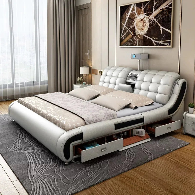 Modern Luxury Bedroom Furniture Smart Electric Massage Up-holstered Beds king Size Double Bed Gas Lift Frame with Storage Design