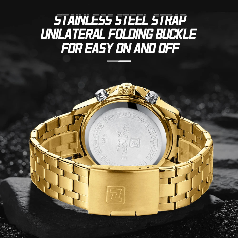 NAVIFORCE Fashion Brand Black Gold Men Watch Fashion Luxury Quartz Wrist Watches Sport Waterproof Stainless Steel Strap NF9234 - Kimlud