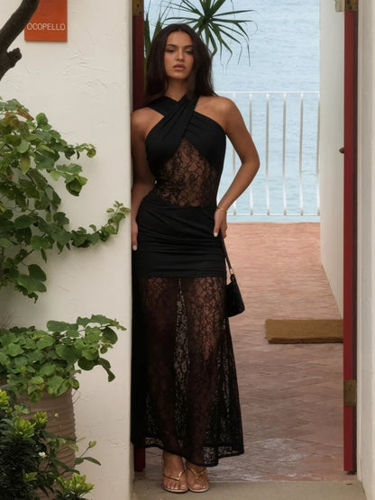 Sexy Sleeveless Halter Lace Patchwork Maxi Dress for Women Black Backless Ruched Elegant Dresses Celebrity Evening Party...