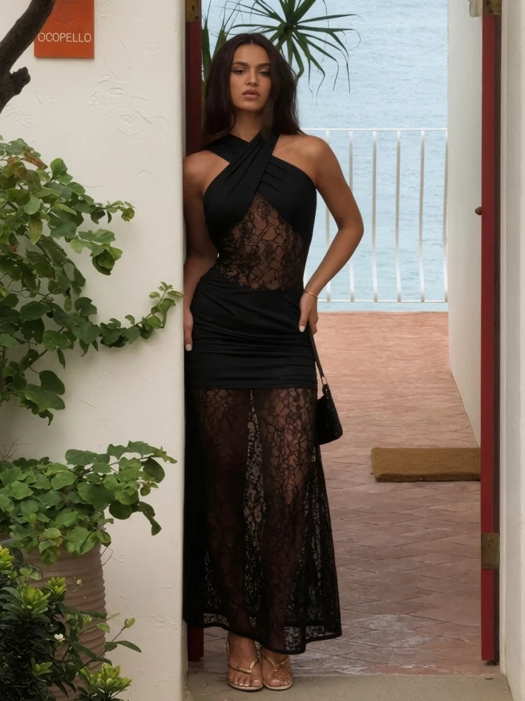Sexy Sleeveless Halter Lace Patchwork Maxi Dress for Women Black Backless Ruched Elegant Dresses Celebrity Evening Party...
