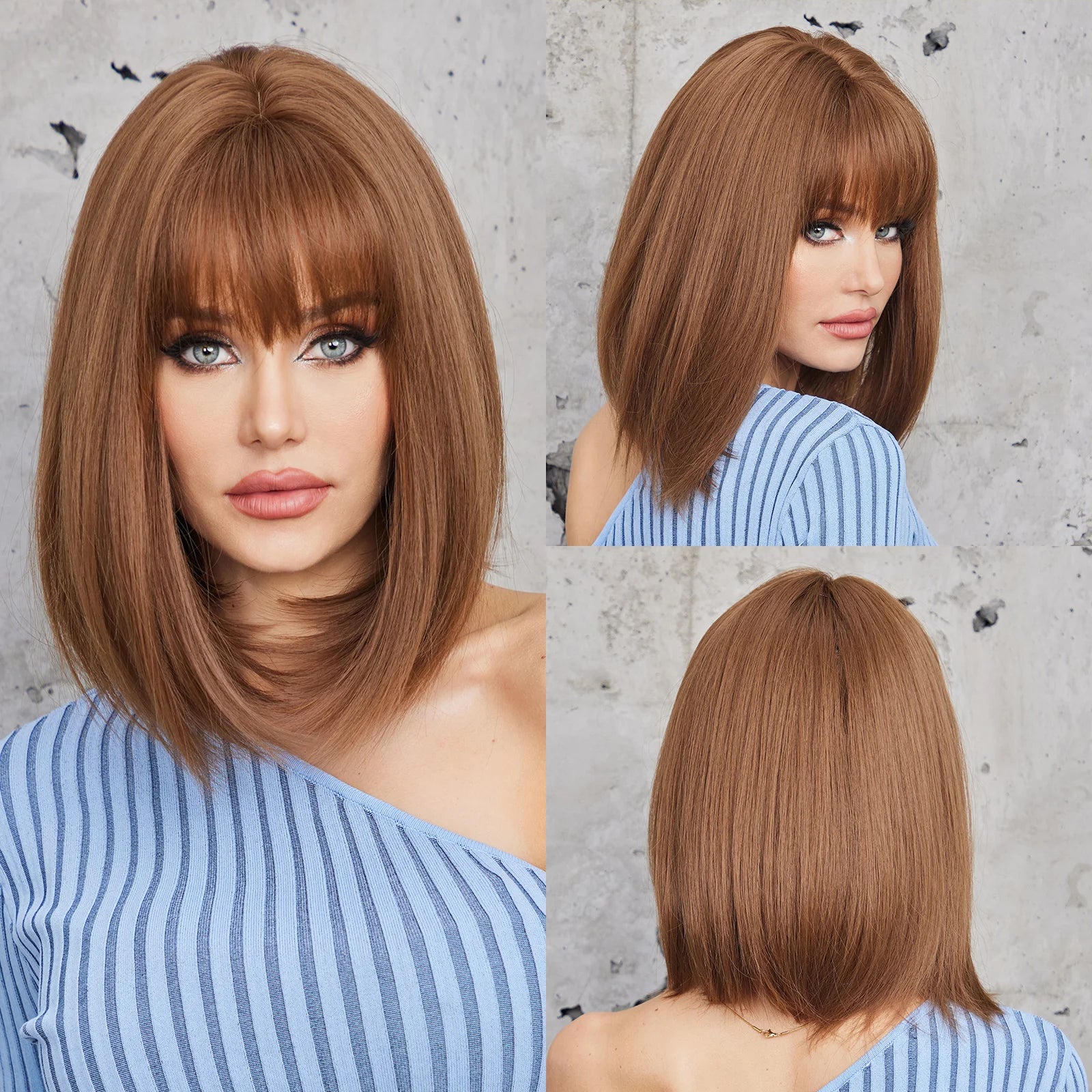 Short straight synthetic wig Ginger Brown Bob wig with straight bangs Ladies Cosplay daily natural high temperature silk wig