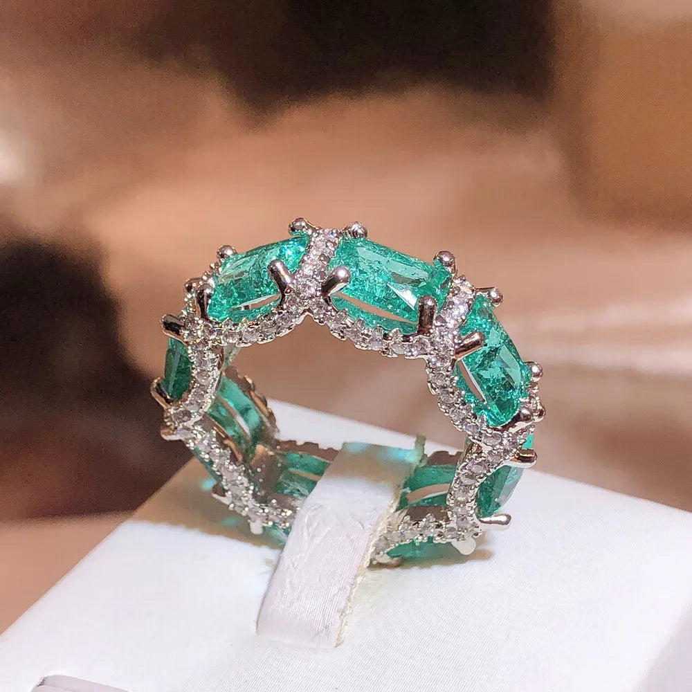 925 Stamp High-definition Paraiba Zircon Jewelry Heavy Industry Inlaid Aquamarine Topaz Ring Women's Party Wedding Rings...