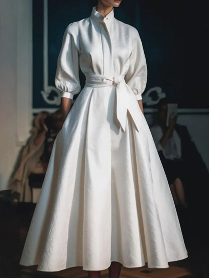 Women Elegant Shirt Dress Long Sleeve Stand Collar White Minimalist A-Line Pleated Wedding Guest Long Dresses with Blet...
