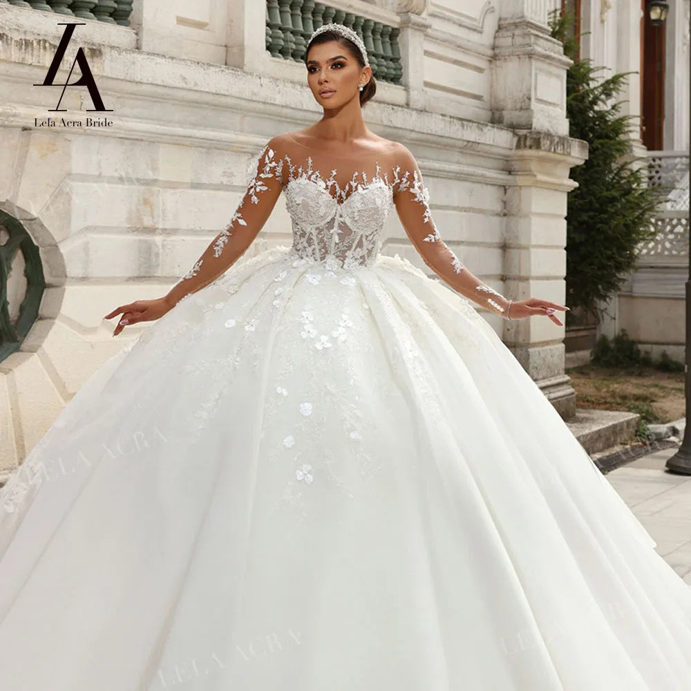 LelaAcra 3D Flowers Wedding Dress 2026 Long Sleeve Sweetheart Luxury Ball Gown Princess Bride SM161 Plus Size Vestido de Noiva