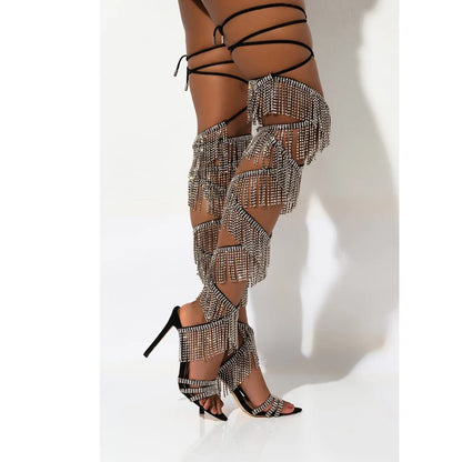 Summer Bling Rhinestone Chains Tassel Cross-tied Thigh Sandals Boots Fringe Crystal Strappy Lace-up Woman Cutout Over Knee Boots