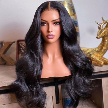 180% Density Natural Black Body Wave Human Hair Wigs HD Transparent Lace Frontal Wig Pre-Plucked Bleached Knots Lace...