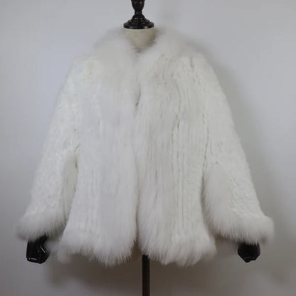 Hot Women Knitted 100% Real Rabbit Fur Shawl Winter Warm Genuine Rabbit Fur Pashmina Coat With Fox Fur Collar For Female...