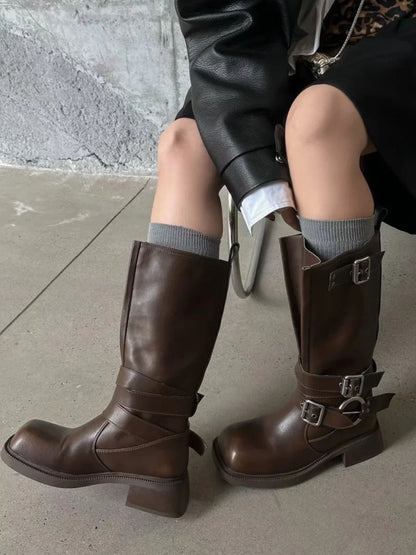 Women's Boots Half High Square Toe Footwear Brown Biker Shoes For Woman Mid Calf Middle Heel Comfortable And Low Price Pu Goth