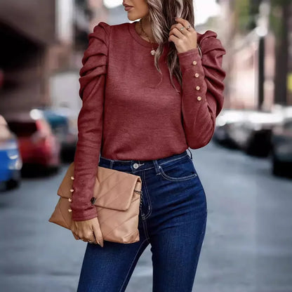 Women New Spring Long Sleeve Blouse Fashion O Neck Puff Sleeve Solid Office Tops Female Casual Loose Shirts For Women Casual Top