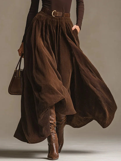 Retro Elegant Corduroy Long Skirt 2 Pieces Sets Turtleneck Long Sleeve Slim Top + Pocket Skirt Outfits Solid color Suit Outfits