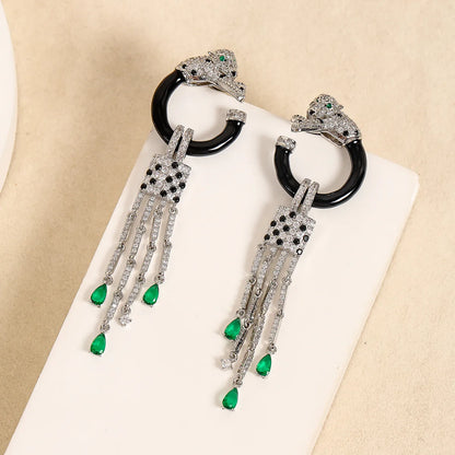 Women New openwork Earrings 925 Silver Needle Leopard Head Tassel inset Zircon