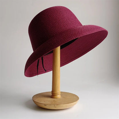 New Summer Sun Hats Ladies Solid Plain Elegant Wide Brim Hat Female Round Top Panama Floppy Straw Beach Hat Women |...