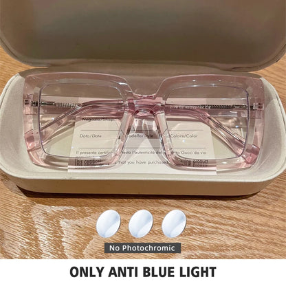 BLMUSA Square Photochromic Blue Light Blocking Large Frame Eyeglasses fashion Reading Glasses ladies Prescription Myopia Glasses - Kimlud