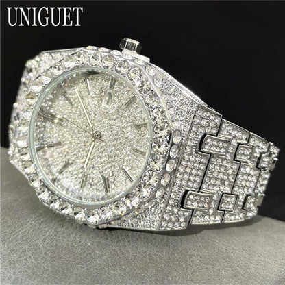 UNIGUET Fashion Iced Out Silver Mens Watch Luxury Calendar Waterproof Watch For Man Hip Hop High Quality Big Diamond Wristwatch
