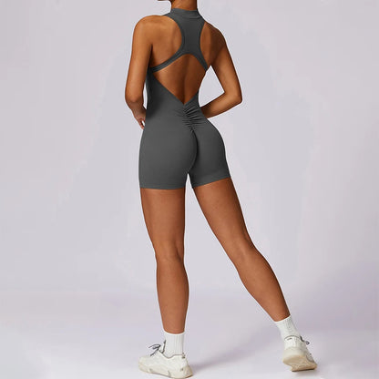 Backless Scrunch Sporty Jumpsuit Gym Tracksuit Women's Fitness Overalls Sexy Hollow One-Piece Sport Suit Zipper Workout Jumpsuit - Kimlud