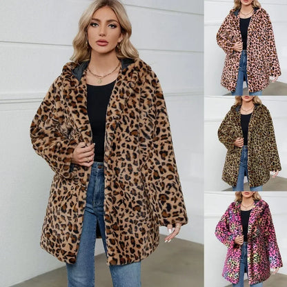ZXRYXGS 2025 New Fashion Autumn Winter Coats Loose Medium Length Jackets Leopard Print Imitation Fur Coat Women's Clothing Tide