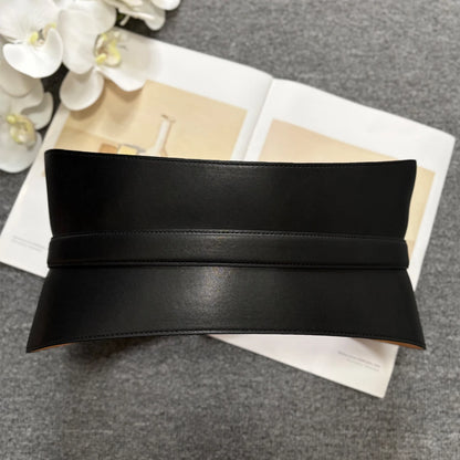 Minimalist Style Leather Belt with Hook & Loop Fastening, Wide Genuine Leather Women's Belt, Black Texture Wide...