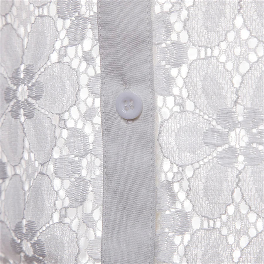 2026 Men's Lace Flowers Embroidery Long Sleeve Shirt Fashion Transparent Sexy Dress Shirts Male See Trough Club Party Tops - Kimlud