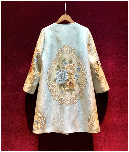 Vintage Embroidery Heavy Rhinestone Trench Coat for Women 2024 Spring Autumn New Fashion Luxury Long Sleeve Elegant Loose Coats