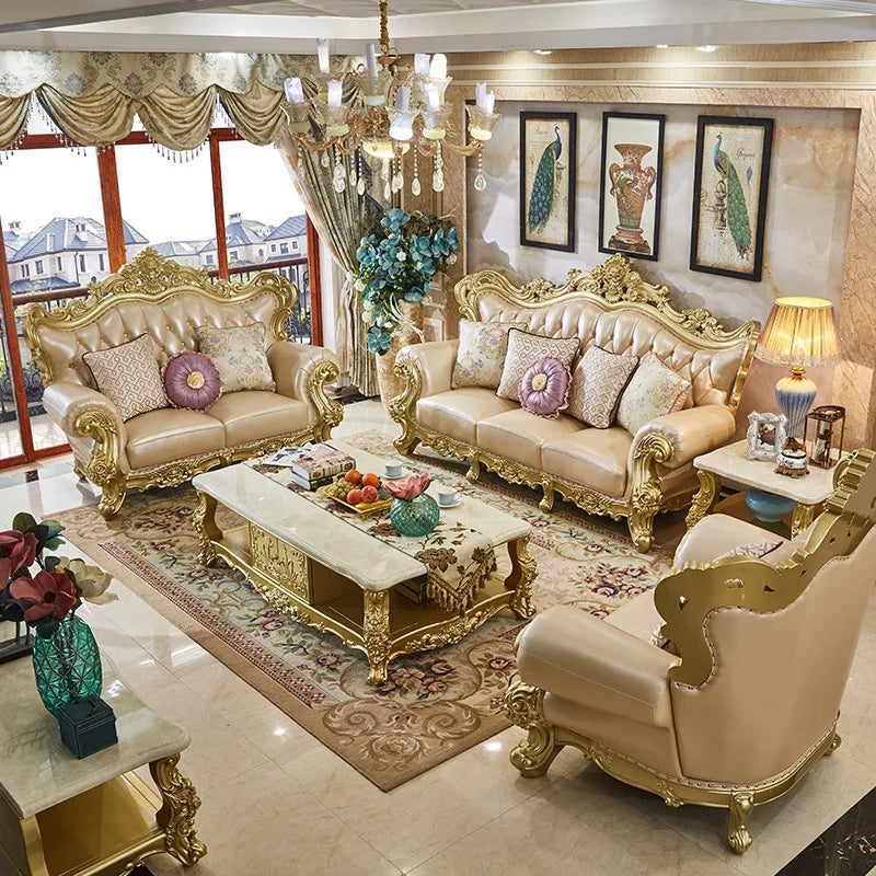 Classic Luxury Sofa Rubber Solid Wood Golden Antique European Royal Style Living Room Sofa Sets 1+2+3 | Kimlud Luxury Sofa