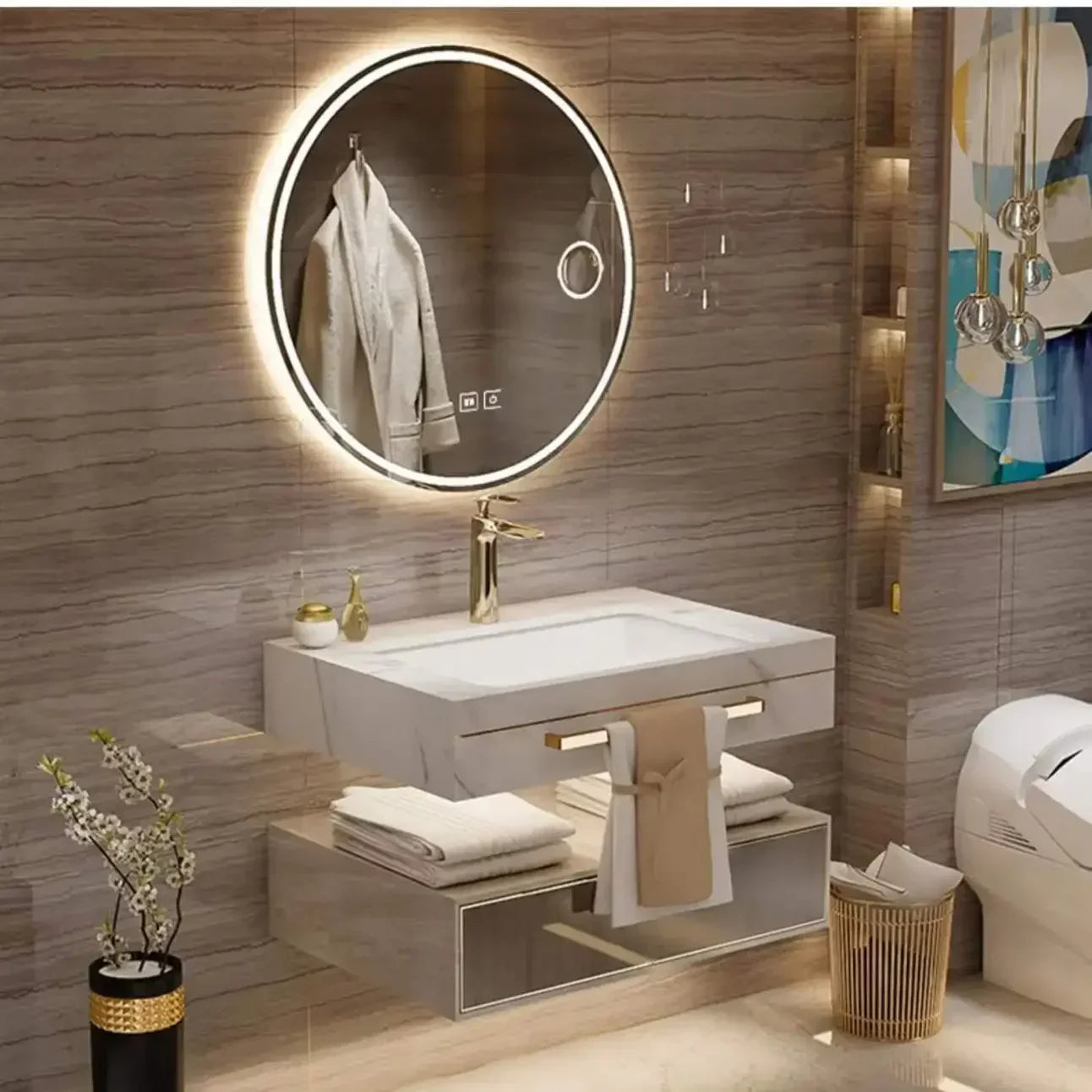 Modern Slate Bathroom Cabinet with Smart Mirror Ceramic Double Washbasin Bathroom Vanity Cabinets Under Sink Bathroom Furniture - Kimlud
