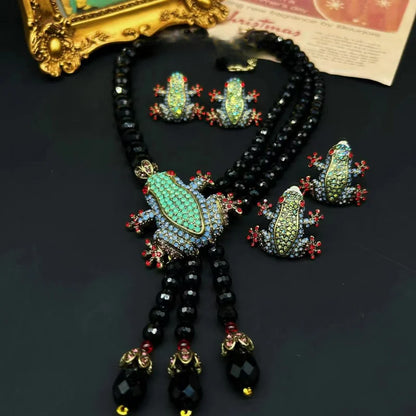 European And American Style Retro Elegant Tassel Inlaid Zircon Frog Shaped Necklace Earring Set Fashionable Women'S Jewelry