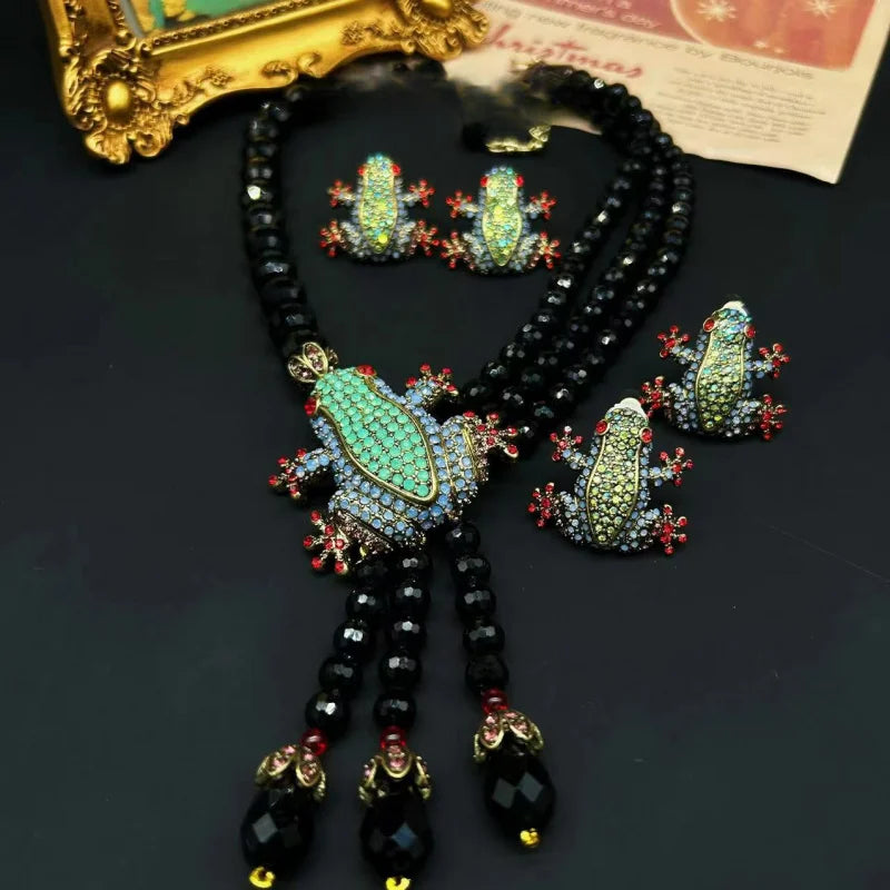 European And American Style Retro Elegant Tassel Inlaid Zircon Frog Shaped Necklace Earring Set Fashionable Women'S Jewelry