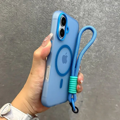 For Magsafe Candy Color Contrast Lanyard Case For iPhone 16 15 17 Pro Max 14 Plus 11 12 13 16e Hand Wrist Strap Matte Soft Cover - Kimlud